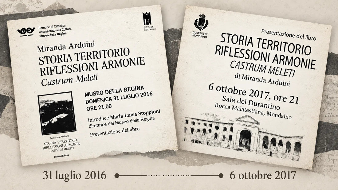 Dépliant originali delle presentazioni del libro Castrum Meleti di Miranda Arduini a Cattolica il 31 luglio 2016 e a Mondaino il 6 ottobre 2017.