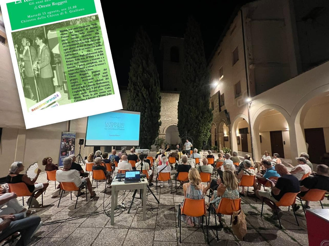 Presentazione di La Rimini del rock’n’roll di Oreste Ruggeri a Esco in Scarana nel chiostro della chiesa di San Giuliano a Rimini il 13 agosto 2024
