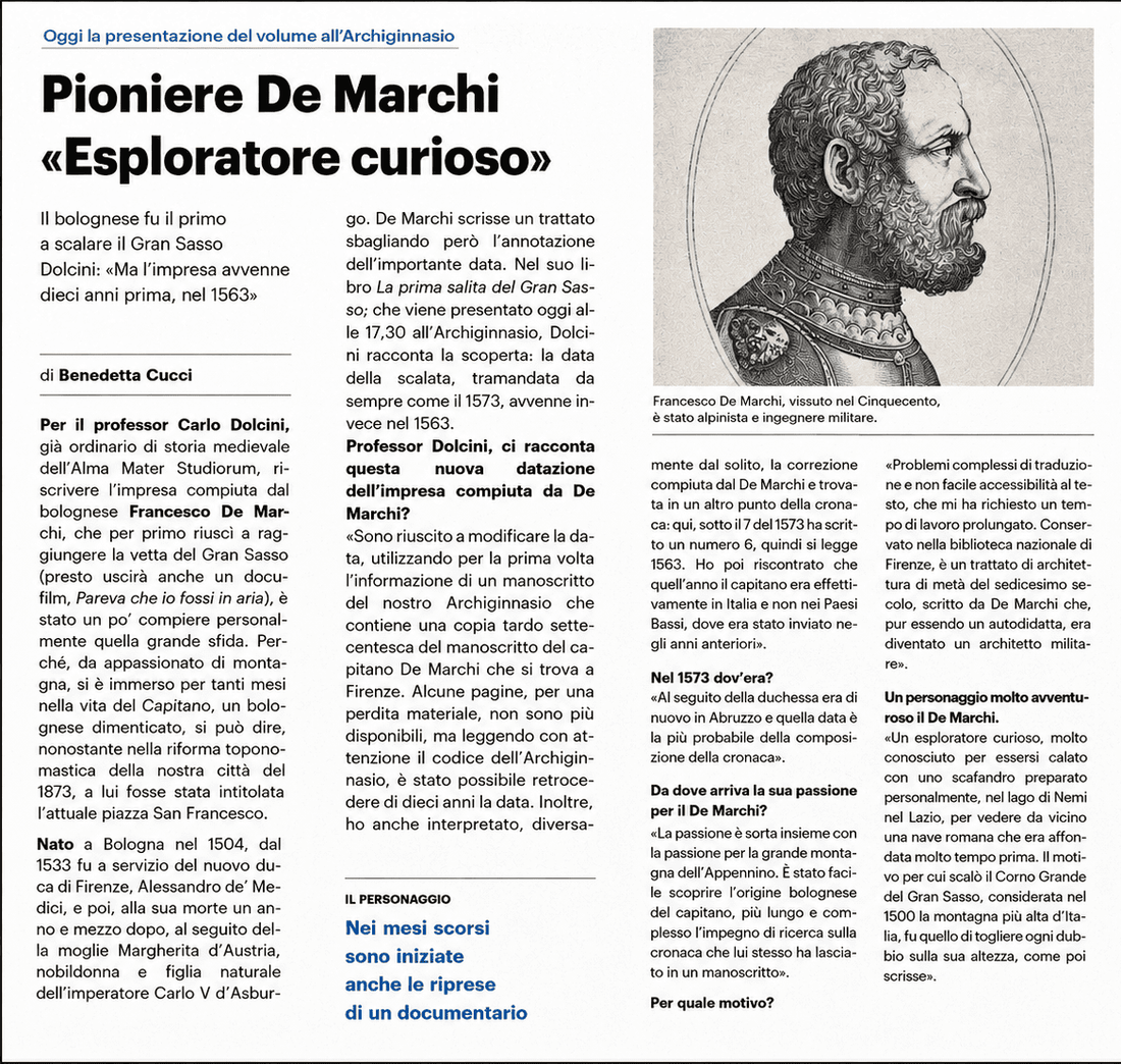 Articolo del Resto del Carlino su Carlo Dolcini, Francesco De Marchi e la prima salita del Gran Sasso