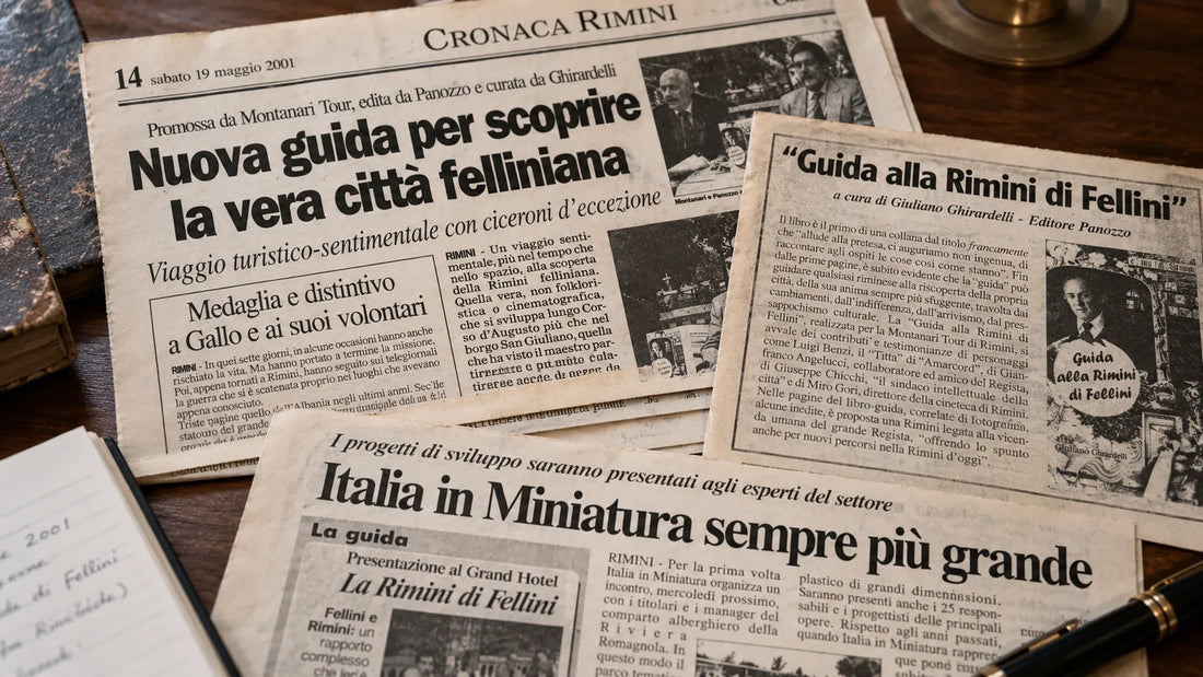 Rassegna stampa del 2001 sulla presentazione di Guida alla Rimini di Fellini al Grand Hotel di Rimini