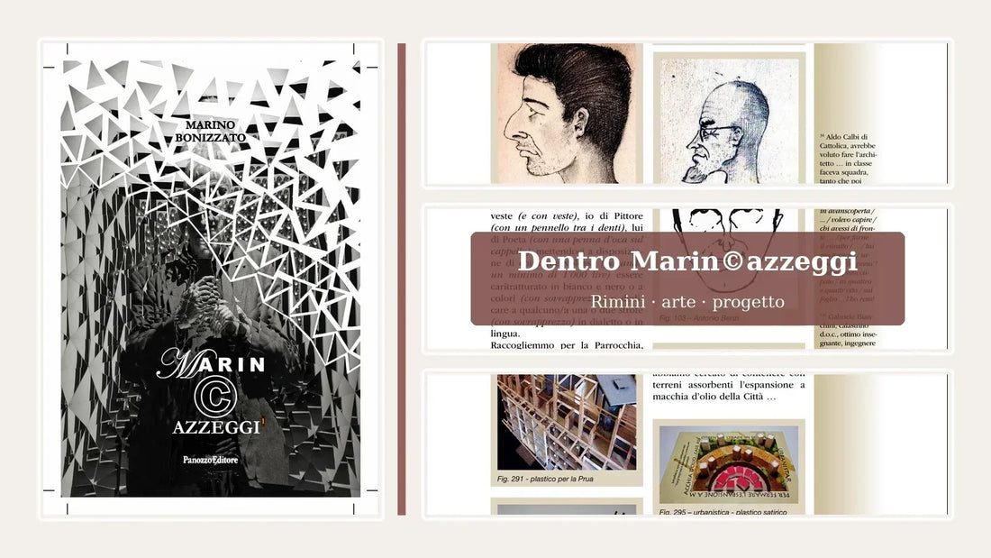 Copertina di Marin©azzeggi con dettagli di ritratti, disegni e progetti di Marino Bonizzato