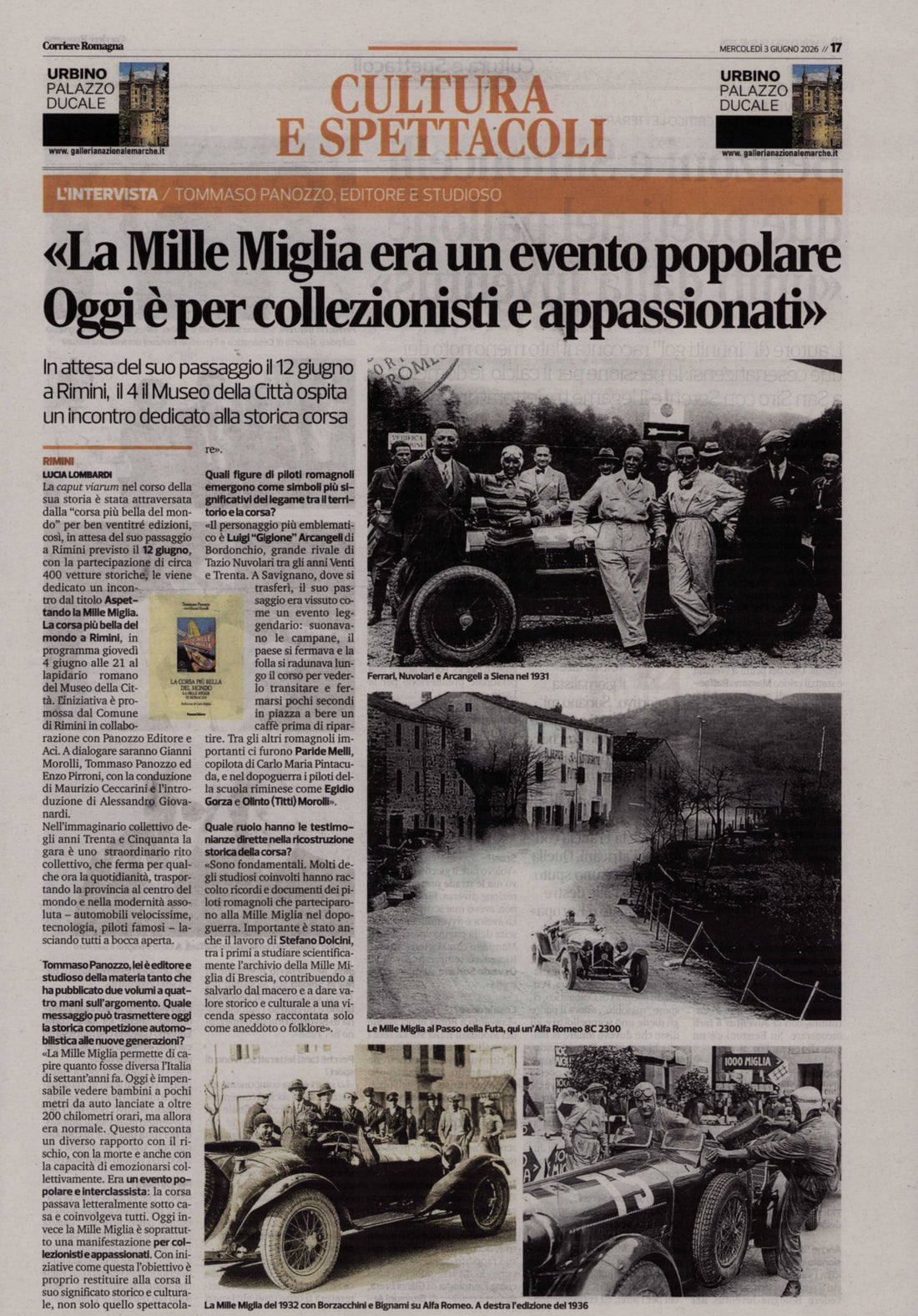 Intervista a Tommaso Panozzo sul Corriere Romagna dedicata alla Mille Miglia come evento popolare
