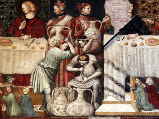 Scena di banchetto medievale con commensali e servitori