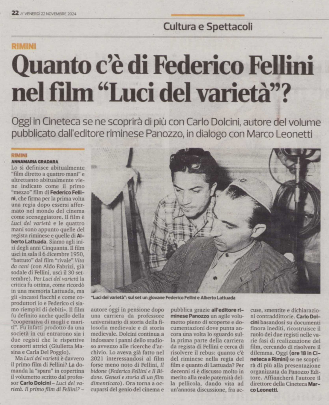 Articolo del Corriere Romagna del 22 novembre 2024 su Luci del varietà di Carlo Dolcini e Federico Fellini