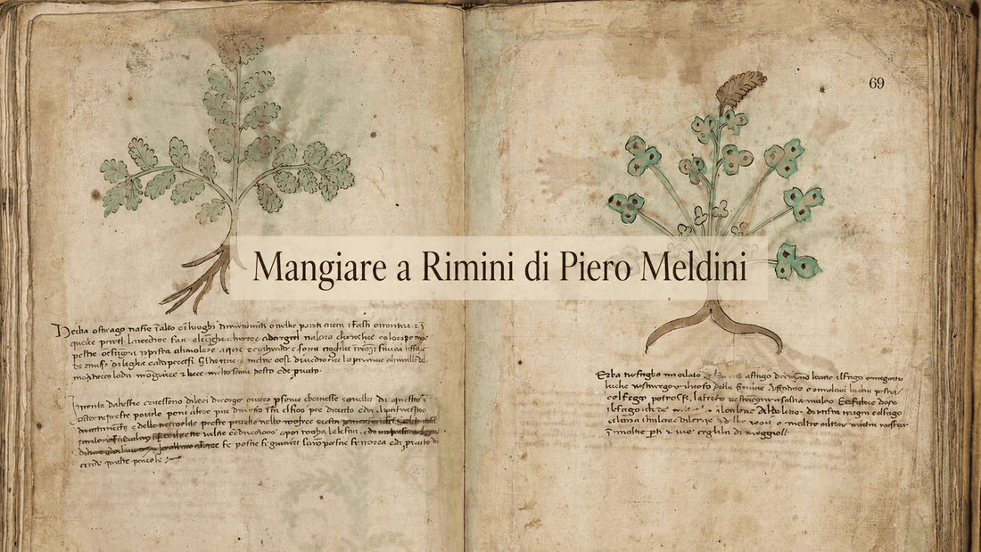 Antico erbario illustrato con la scritta Mangiare a Rimini di Piero Meldini