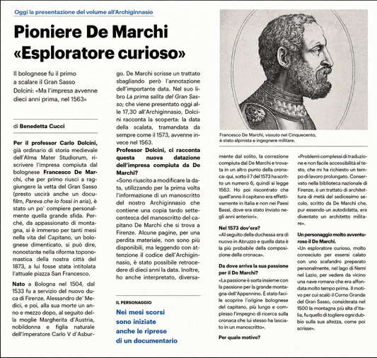 Articolo del Resto del Carlino su Carlo Dolcini, Francesco De Marchi e la prima salita del Gran Sasso