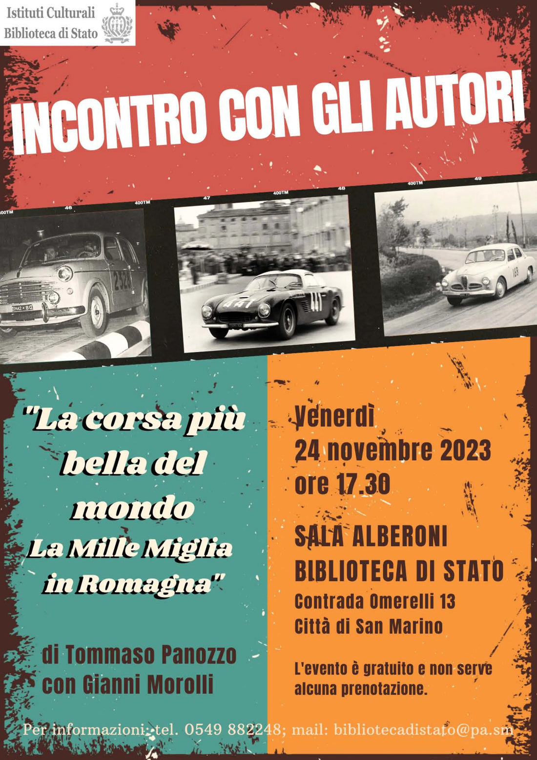 Tommaso Panozzo e Gianni Morolli alla presentazione di La corsa più bella del mondo alla Biblioteca di Stato di San Marino nel 2023