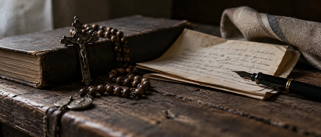 Interno simbolico di una canonica rurale con documenti e oggetti d'epoca, dedicato ai cattolici nella Resistenza della Bassa reggiana