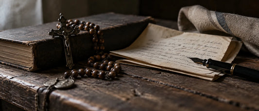 Interno simbolico di una canonica rurale con documenti e oggetti d'epoca, dedicato ai cattolici nella Resistenza della Bassa reggiana