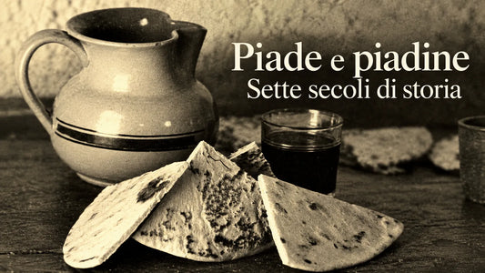 Piade e piadine Sette secoli di storia, immagine in stile fotografico d’epoca con piade, brocca e bicchiere per articolo sulla prima attestazione della piada nel 1371.