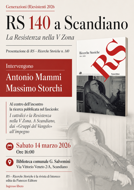 Locandina della presentazione di RS – Ricerche Storiche n. 140 a Scandiano, dedicata alla Resistenza nella V Zona, 14 marzo 2026