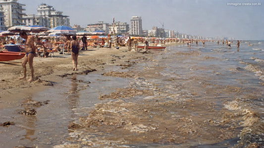 Spiaggia di Rimini nell’estate 1989 durante il fenomeno delle mucillagini nell’Adriatico