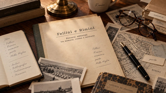 Appunti, documenti e mappa di Rimini per il percorso editoriale di Panozzo Editore dedicato a Federico Fellini