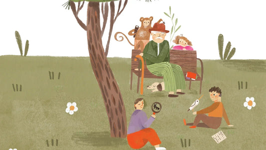 Vittorio Belli con i bambini sotto un pino, illustrazione di Jessica Bocca