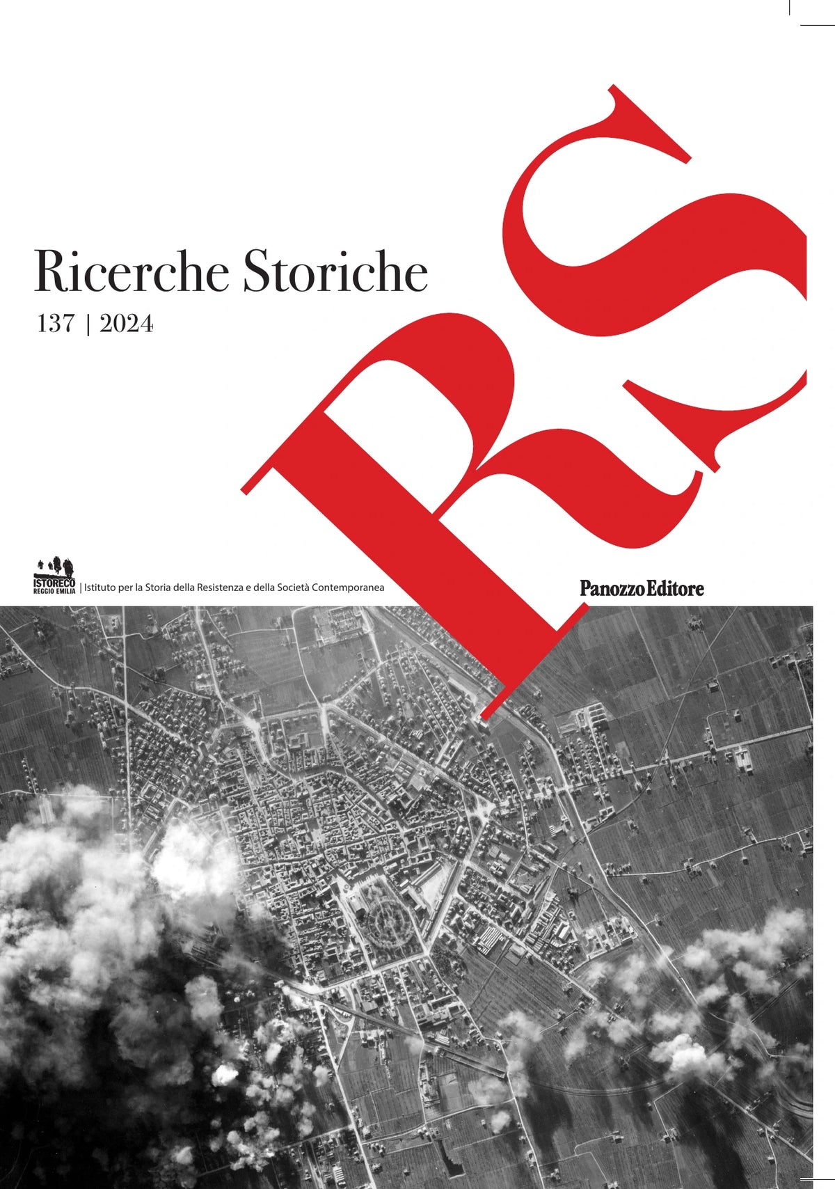 Copertina di RS – Ricerche Storiche n. 137 (2024), con il bombardamento aereo di Reggio Emilia dell'8 gennaio 1944